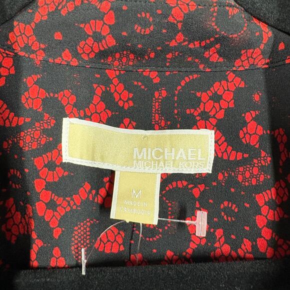 MICHAEL Michael Kors Medium Full Zip Shirt Crimson Black Floral Roll Tab Sleeves - Picture 9 of 11